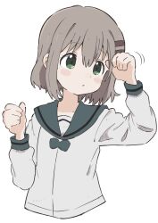 Rule 34 | 1girl, arms up, blush stickers, bob cut, bow, closed mouth, cropped torso, dot mouth, green eyes, hair ornament, hairclip, head tilt, highres, light brown hair, long sleeves, motion lines, sailor collar, school uniform, short hair, solo, white background, yama no susume, yoyohachi, yukimura aoi