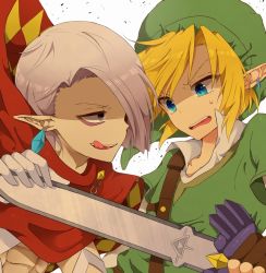 Rule 34 | 2boys, blade grab, blonde hair, blue eyes, cape, earrings, ghirahim, gloves, hair over one eye, hat, holding, holding sword, holding weapon, jewelry, link, male focus, multiple boys, nintendo, pointy ears, smile, sword, the legend of zelda, the legend of zelda: skyward sword, tobari (brokenxxx), tongue, weapon, white hair, yaoi