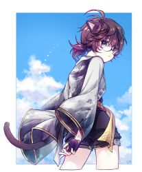Rule 34 | 10s, 1girl, animal ears, black-framed eyewear, black gloves, black shorts, blade &amp; soul, blue eyes, blue sky, border, brown hair, cat ears, cat tail, clothes writing, cloud, cm (tenji1352), cropped legs, day, fingerless gloves, from behind, glasses, gloves, hair between eyes, jacket, lens flare, light particles, long sleeves, looking at viewer, looking back, low ponytail, outside border, parted lips, ribbon-trimmed clothes, ribbon trim, sash, short ponytail, shorts, signature, sky, solo, tail, white border, wide sleeves
