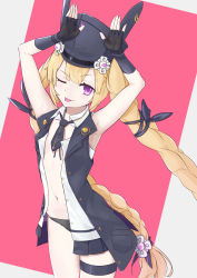 Rule 34 | 1girl, absurdres, armpits, arms up, black gloves, black panties, blonde hair, braid, commentary request, girls&#039; frontline, gloves, grey background, hair ribbon, hat, highres, lapel pin, long hair, looking at viewer, mari0ball, navel, necktie, one eye closed, open clothes, open shirt, open vest, panties, pink background, purple eyes, rabbit pose, ribbon, short necktie, solo, sr-3mp (girls&#039; frontline), thigh strap, twintails, underwear, very long hair, vest