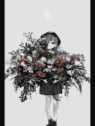 Rule 34 | 1girl, bad id, bad pixiv id, beret, black dress, black footwear, black hat, border, bouquet, commentary, dress, fern, flower, full body, grey background, grey hair, hat, hatoba tsugu, highres, holding, holding bouquet, loafers, looking at viewer, meola, mole, mole under eye, muted color, pantyhose, pleated skirt, red flower, shoes, short hair, simple background, skirt, smile, solo, tsugu (vtuber), virtual youtuber, white flower, white pantyhose