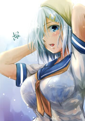 Rule 34 | 1girl, blue background, blue bra, blue eyes, blush, bra, bra visible through clothes, breasts, drying, drying hair, gloves, gradient background, grey hair, grey sailor collar, hair ornament, hair over one eye, hairclip, hamakaze (kancolle), highres, kantai collection, large breasts, looking at viewer, mizuya chiharu, neckerchief, sailor collar, school uniform, serafuku, short hair, short sleeves, signature, solo, towel, towel on head, underwear, upper body, wet, wet clothes, white gloves
