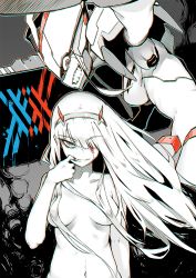 Rule 34 | 10s, 1girl, blood, chromatic aberration, darling in the franxx, fang, finger to mouth, greyscale, hair over breasts, hair over one eye, half-closed eyes, horns, karasu raven, looking at viewer, monochrome, navel, nude, smile, solo focus, strelizia, teeth, zero two (darling in the franxx)