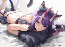 Rule 34 | 1girl, animal ear fluff, animal ears, animal hands, ass, bad id, bad pixiv id, black panties, blush, bob cut, butt crack, fang, fate/grand order, fate (series), garter belt, gloves, highres, horns, looking at viewer, looking up, lying, maid headdress, matching hair/eyes, on stomach, panties, paw gloves, pointy ears, purple eyes, purple hair, short eyebrows, shuten douji (fate), skin-covered horns, solo, tagme, tail, taino kou, teeth, underwear