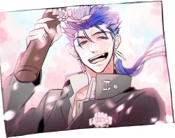 Rule 34 | 1boy, blue hair, blush, cherry blossoms, corsage, cu chulainn (fate), fangs, fate/stay night, fate (series), graduation, cu chulainn (fate/stay night), male focus, mayuki (ubiquitous), ponytail, red eyes, solo