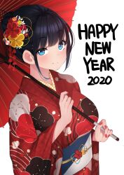 Rule 34 | 1girl, 2020, black hair, blue eyes, blush, closed mouth, commentary request, floral print, flower, hair bun, hair flower, hair ornament, happy new year, highres, holding, holding umbrella, japanese clothes, kimono, looking at viewer, nail polish, new year, obi, original, print kimono, red kimono, red nails, sakura no tomoru hi e, sash, simple background, smile, umbrella, upper body, white background, wide sleeves