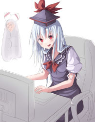 Rule 34 | 2girls, :d, blue hair, blush, chair, computer, fujiwara no mokou, gurasion (gurasion), hat, highres, kamishirasawa keine, long hair, looking at viewer, multiple girls, office chair, office lady, open mouth, puffy short sleeves, puffy sleeves, red eyes, short sleeves, smile, solo focus, swivel chair, touhou