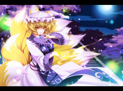 Rule 34 | 1girl, animal ears, blonde hair, cherry blossoms, female focus, full moon, hat, highres, lens flare, letterboxed, looking at viewer, magic, monety, moon, multiple tails, night, night sky, open mouth, petals, sky, solo, stairs, star (sky), tail, touhou, yakumo ran, yellow eyes