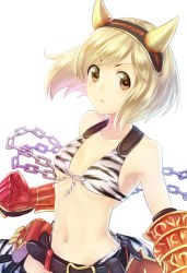 Rule 34 | &gt;:(, 10s, 1girl, animal print, bad id, bad pixiv id, bare shoulders, belt, bikini, blonde hair, breasts, brown eyes, chain, cleavage, closed mouth, djeeta (granblue fantasy), eyebrows, fake horns, front-tie top, frown, gauntlets, granblue fantasy, hairband, horns, navel, ogre (granblue fantasy), oni horns, pashiri (shiripa), pouch, short hair, simple background, small breasts, solo, swimsuit, underboob, upper body, v-shaped eyebrows, white background, zebra print