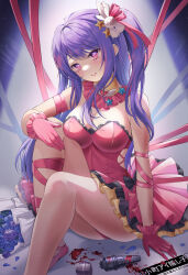 Rule 34 | 1girl, absurdres, bare shoulders, blush, bnari, breasts, cleavage, dress, frilled gloves, frills, gloves, hair ornament, highres, hoshino ai (oshi no ko), idol, large breasts, long hair, looking at viewer, oshi no ko, pink dress, pink gloves, pink ribbon, purple eyes, purple hair, rabbit hair ornament, ribbon, smile, solo, star-shaped pupils, star (symbol), star hair ornament, symbol-shaped pupils, thighs
