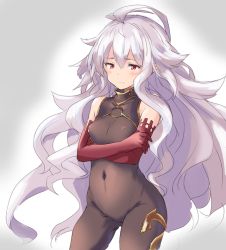 Rule 34 | 1girl, antenna hair, bare shoulders, black bodysuit, blush, bodysuit, breasts, closed mouth, commentary request, covered navel, cowboy shot, crossed arms, elbow gloves, frown, gloves, gluteal fold, gradient background, granblue fantasy, grey hair, hair between eyes, long hair, looking away, looking down, medusa (shingeki no bahamut), purple gloves, red eyes, shadowverse, shingeki no bahamut, sketch, skin tight, small breasts, solo, very long hair, wavy hair, yu-ves