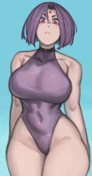 Rule 34 | 1girl, absurdres, bare shoulders, blue background, blush, breasts, closed mouth, collarbone, colored skin, commentary, curvy, dc comics, forehead jewel, grey skin, highres, kelvin hiu, large breasts, looking at viewer, one-piece swimsuit, parted bangs, purple eyes, purple hair, purple one-piece swimsuit, raven (dc), short hair, simple background, solo, standing, swimsuit, teen titans, thick thighs, thighs