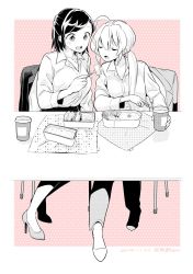 Rule 34 | 2girls, ahoge, bento, border, breasts, business suit, chair, chiyo kozuka, closed eyes, collarbone, commentary, commentary request, cup, dated, disposable cup, dress shirt, feeding, fork, formal, greyscale, greyscale with colored background, hair between eyes, high heels, highres, holding, holding cup, holding fork, ichido dake demo koukai shitemasu, long sleeves, looking at another, medium breasts, medium hair, miyahara miyako, monochrome, multiple girls, office lady, open collar, open mouth, outside border, pants, pink background, polka dot, polka dot background, ponytail, ritsuka hara, shirt, shirt tucked in, side-by-side, sidelocks, simple background, suit, swept bangs, symbol-only commentary, table, translation request, white border