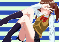 Rule 34 | bow, bowtie, brown hair, covering face, covering own eyes, covering privates, danshi koukousei no nichijou, hakui ami, panties, ribbon, short twintails, skirt, smile, socks, solo, striped clothes, striped panties, sweater vest, tadakuni&#039;s little sister, tendon0922, twintails, underwear