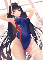 Rule 34 | 1girl, airool, armpits, arms behind head, arms up, azur lane, bare hips, black hair, blue eyes, blue one-piece swimsuit, blunt bangs, blush, breasts, closed mouth, competition swimsuit, covered navel, gluteal fold, groin, hair ornament, hairclip, highleg, highleg swimsuit, highres, horns, indoors, medium breasts, noshiro (azur lane), one-piece swimsuit, oni horns, skin tight, solo, swimsuit, thighs, water, window, x hair ornament