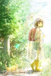 Rule 34 | 1girl, :o, absurdres, backpack, bag, boots, brown eyes, brown hair, cat, child, forest, green background, highres, hood, legs, looking at viewer, looking to the side, nature, original, outdoors, parasol, pink shirt, plaid, plaid skirt, plant, pleated skirt, rain, raincoat, randoseru, see-through, shirt, short hair, skirt, solo, standing, thighs, tree, umbrella, widea7, yellow footwear
