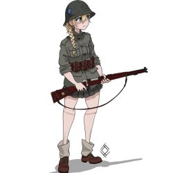 Rule 34 | 1girl, ammunition pouch, blonde hair, blue eyes, bolt action, boots, braid, braided ponytail, brown footwear, closed mouth, full body, green shirt, green skirt, gun, hat, helmet, holding, holding gun, holding weapon, long hair, m/26, military, military hat, military uniform, original, ostwindprojekt, pouch, rifle, shirt, simple background, single braid, skirt, sleeves rolled up, solo, standing, sweden, uniform, weapon, white background