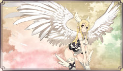 Rule 34 | 1girl, angel, angel wings, ass, blonde hair, breasts, brown eyes, cleavage, commentary request, feathered wings, frown, gradient background, head wings, leaning forward, leotard, long hair, looking at viewer, nyoro (nyoronyoro000), original, simple background, solo, thighhighs, white thighhighs, white wings, wings