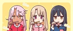 3girls black_hair blonde_hair brown_eyes brushing_teeth chloe_von_einzbern commentary_request dark-skinned_female dark_skin fate/kaleid_liner_prisma_illya fate_(series) illyasviel_von_einzbern looking_at_viewer miyu_edelfelt multiple_girls orange_eyes pajamas pink_hair red_eyes toothbrush upper_body yellow_background yoru_nai