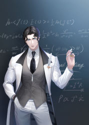 Rule 34 | 1boy, absurdres, black hair, blue eyes, board, feathers, formal, highres, jewelry, looking at viewer, male focus, math, muscular, muscular arms, muscular male, necktie, nikola tesla (shuumatsu no valkyrie), ornament, physics, pocket, ring, serious, short hair, shuumatsu no valkyrie, solo, suit, writing