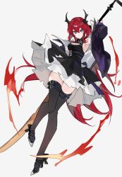 Rule 34 | 1girl, absurdres, arknights, arm up, armpits, black dress, black footwear, black thighhighs, blue jacket, breasts, cleavage, commentary, demon girl, demon horns, dress, fire, full body, glaring, highres, holding, holding sword, holding weapon, horns, jacket, large breasts, layered dress, long hair, open clothes, open jacket, purple eyes, purple jacket, red hair, solo, surtr (arknights), sword, thigh strap, thighhighs, weapon, yakota (usuk-yako)