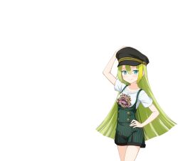 Rule 34 | 1girl, alina gray, aqua eyes, black hat, blunt ends, blush, buttons, character print, charlotte (madoka magica), closed mouth, coco ichibanya, cowboy shot, dot nose, green hair, green overalls, hair between eyes, hand on headwear, hand on own hip, hat, jewelry, legs together, long hair, looking at viewer, magia record: mahou shoujo madoka magica gaiden, mahou shoujo madoka magica, multicolored hair, official art, overalls, pants, peaked cap, print shirt, ring, shirt, short sleeves, sidelocks, simple background, smile, solo, split mouth, straight hair, streaked hair, striped clothes, striped pants, t-shirt, transparent background, vertical-striped clothes, vertical-striped pants, very long hair, white shirt