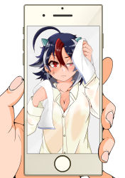 Rule 34 | 1girl, anger vein, arm up, blush, breasts, buttons, cellphone, cleavage, closed mouth, collared shirt, cone horns, grey horns, hair between eyes, highres, himajin noizu, holding, holding phone, holding towel, horns, kijin seija, long sleeves, looking at viewer, medium breasts, multicolored hair, phone, red eyes, shirt, short hair, simple background, smartphone, solo focus, streaked hair, touhou, towel, wet, wet hair, white background, white shirt, wiping face
