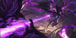 Rule 34 | 1girl, armor, attack, bodysuit, breasts, charging forward, cleavage, clenched hand, cloud, collarbone, dark clouds, detached wings, energy beam, facial mark, fighting, fighting stance, floating hair, forehead mark, forehead tattoo, highres, jumping, kai&#039;sa, kudos3d, league of legends, legends of runeterra, light, lightning, long hair, looking ahead, looking at viewer, magic, medium breasts, official art, outdoors, outstretched arms, parted lips, plunging neckline, purple bodysuit, purple eyes, purple hair, purple lightning, purple lips, serious, shoulder armor, skin tight, sky, solo, tattoo, thighs, tornado, wind, wings