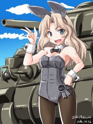 Rule 34 | 10s, 1girl, animal ears, black bow, black bowtie, black pantyhose, blonde hair, blue eyes, bow, bowtie, breasts, character name, cleavage, cloud, cloudy sky, cowboy shot, dated, day, detached collar, fake animal ears, girls und panzer, grey leotard, hair intakes, hand on own hip, kay (girls und panzer), leotard, long hair, looking at viewer, m4 sherman, medium breasts, military, military vehicle, motor vehicle, open mouth, outdoors, pantyhose, playboy bunny, rabbit ears, romaji text, side-tie leotard, sky, smile, solo, standing, strapless, strapless leotard, tank, tatsumi ray, twitter username, v, wrist cuffs