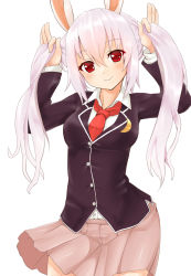 Rule 34 | 1girl, animal ears, blazer, chiroshiron, crescent, crescent hair ornament, hair ornament, head tilt, highres, holding, holding own hair, jacket, long hair, necktie, rabbit ears, red eyes, red necktie, reisen udongein inaba, shirt, silver hair, simple background, skirt, smile, solo, touhou, twintails, very long hair