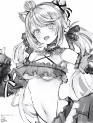 Rule 34 | 1girl, absurdres, animal ears, blush, bow, breasts, cat ears, criss-cross halter, crown, dated, detached collar, detached sleeves, ear ribbon, frilled bandeau, frills, hair bow, halterneck, highres, ina uruu, long hair, looking at viewer, low twintails, medium bangs, medium breasts, midriff, mini crown, nanashi (nlo), nanashi inc., navel, open mouth, simple background, smile, solo, twintails, underboob, upper body, virtual youtuber