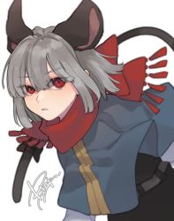 Rule 34 | 1girl, animal ears, black bow, black skirt, black vest, bow, capelet, diamond-shaped pupils, diamond (shape), grey hair, highres, long sleeves, looking at viewer, mouse ears, mouse tail, nazrin, prat rat, red eyes, red scarf, scarf, scarf bow, shirt, short hair, signature, simple background, skirt, solo, symbol-shaped pupils, tail, tail bow, tail ornament, touhou, upper body, vest, white background, white shirt