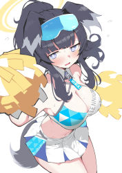 Rule 34 | 1girl, absurdres, animal ears, bare shoulders, black hair, blue archive, blue eyes, blue skirt, blush, breasts, character name, cheerleader, cleavage, clothes writing, collarbone, dog ears, dog girl, dog tail, facial tattoo, halo, hibiki (blue archive), hibiki (cheer squad) (blue archive), highres, large breasts, looking at viewer, medium hair, midriff, millennium cheerleader outfit (blue archive), navel, open mouth, pom pom (cheerleading), short hair, simple background, skirt, solo, star tattoo, sweat, tail, tattoo, thighs, two-tone skirt, white background, white skirt, yabai gorilla
