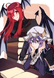 Rule 34 | 2girls, alternate costume, book, capelet, gloves, highres, himadera, holding, holding book, koakuma, long hair, multiple girls, patchouli knowledge, purple eyes, purple hair, reading, red eyes, red hair, touhou, white gloves, wide sleeves