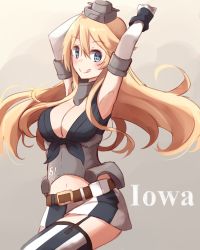 Rule 34 | 10s, 1girl, armpits, arms up, belt, blonde hair, blue eyes, blush, breasts, character name, cleavage, elbow gloves, fingerless gloves, front-tie top, garter straps, gloves, gradient background, grey background, hair between eyes, highres, iowa (kancolle), kantai collection, kapatarou, large breasts, long hair, looking at viewer, miniskirt, navel, skirt, smile, solo, star-shaped pupils, star (symbol), striped clothes, striped thighhighs, symbol-shaped pupils, thighhighs, tongue, tongue out, vertical-striped clothes, vertical-striped thighhighs