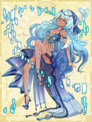 Rule 34 | 1girl, angel, angel wings, armband, black footwear, blue hair, breasts, brown eyes, chain paradox, chestnut mouth, dark skin, full body, glasses, harenochi hareta, high heels, highres, invisible chair, lace trim, long hair, midriff, sitting, small breasts, very long hair, white wings, wings, yellow background