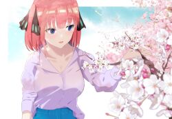 Rule 34 | 1girl, alternate costume, blue eyes, blue sky, blunt bangs, blurry, blush, border, branch, breasts, butterfly hair ornament, casual, cherry blossoms, cleavage, collarbone, commentary request, day, depth of field, dress shirt, eyelashes, flower, go-toubun no hanayome, hair ornament, hand up, highres, kakato 0, large breasts, looking at flowers, medium hair, nakano nino, open mouth, outdoors, pink flower, pink hair, purple shirt, shirt, sky, smile, solo, spring (season), standing, straight hair, two side up, upper body, white border, white flower
