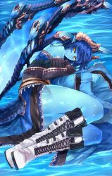 Rule 34 | 1girl, bare shoulders, blue hair, blue skin, boots, colored skin, cross-laced footwear, detached sleeves, dragon girl, dragon tail, dragon wings, ganesagi, highres, horns, japanese clothes, kimono, knee boots, lace-up boots, long hair, lying, monster girl, obi, on side, pointy ears, sash, see-through, slime girl, smile, solo, tail, water, wings, yellow eyes