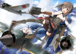 Rule 34 | 10s, 2girls, a6m zero, aircraft, airplane, armor, battle, bell (artist), bell (oppore coppore), bike shorts, blush, boots, bow (weapon), brown eyes, brown hair, crossbow, fairy (kancolle), flat chest, headband, headgear, highres, kantai collection, multiple girls, ocean, open mouth, personification, reppuu (kancolle), short hair, shorts under skirt, skirt, taihou (kancolle), thigh boots, thighhighs, weapon