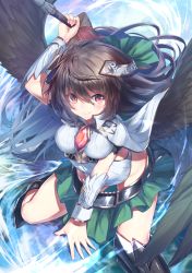 Rule 34 | 1girl, arm up, armored boots, belt, black wings, blue background, boots, bow, breasts, brooch, brown hair, cape, circlet, closed mouth, collared shirt, feathered wings, green bow, green skirt, hair between eyes, hair bow, holding, holding sword, holding weapon, jewelry, large breasts, long hair, looking at viewer, microskirt, no panties, red eyes, reiuji utsuho, shirt, skirt, smile, solo, spread legs, sword, topia, touhou, vambraces, weapon, white shirt, wing collar, wings