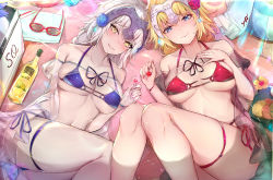 Rule 34 | 2girls, alcohol, bare shoulders, beach towel, bikini, blonde hair, blue bikini, blue eyes, blue flower, blue rose, blush, bottle, braid, breasts, breasts apart, cherry, closed mouth, collarbone, cup, day, drinking glass, fate/apocrypha, fate/grand order, fate (series), feet out of frame, fingernails, flower, food, fruit, hair between eyes, hair flower, hair ornament, hand on own chest, headpiece, highres, innertube, jeanne d&#039;arc (fate), jeanne d&#039;arc (ruler) (fate), jeanne d&#039;arc alter (avenger) (fate), jeanne d&#039;arc alter (fate), long braid, long hair, looking at viewer, lying, medium breasts, multi-strapped bikini, multiple girls, nail polish, open mouth, outdoors, pale skin, pink nails, purple nails, red bikini, red flower, red rose, revision, rose, sandals, sherryqq, side-tie bikini bottom, sidelocks, single braid, smile, strap gap, sunglasses, sunglasses removed, swim ring, swimsuit, thigh gap, towel, unworn eyewear, wine, wine bottle, wine glass, yellow eyes