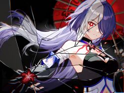 1girl acheron_(honkai:_star_rail) armpits bandaged_arm bandages black_choker black_gloves blood bloody_tears body_markings breasts chain choker cleavage coat crack cracked_glass detached_sleeves falling_petals flower gloves hair_over_one_eye highres holding holding_umbrella honkai:_star_rail honkai_(series) kuxiaojingmu long_hair midriff multicolored_hair navel official_alternate_hair_color oil-paper_umbrella outstretched_arm petals purple_eyes purple_hair red_eyes red_flower red_umbrella single_bare_shoulder solo stomach streaked_hair umbrella white_coat white_hair
