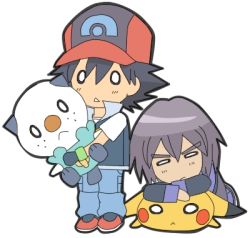 2boys ash_ketchum black_hair child creatures_(company) fingerless_gloves game_freak gen_1_pokemon gen_5_pokemon gloves hat lowres male_focus multiple_boys nintendo oshawott paul_(pokemon) pikachu pokemon pokemon_(anime) pokemon_(creature) purple_hair