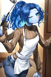 Rule 34 | 1girl, absurdres, apron, blue eyes, blue hair, blue pants, blue skin, blush, breasts, brown sweater, casul, colored skin, cracked skin, denim, elden ring, extra arms, highres, jeans, ladle, long hair, long sleeves, looking at viewer, pants, parted bangs, ponytail, ranni the witch, ribbed sweater, small breasts, solo, sweater, thighs, turtleneck, turtleneck sweater, white apron