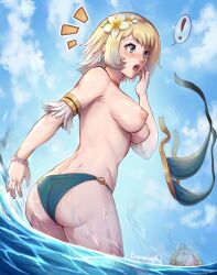 Rule 34 | !, 1girl, accidental exposure, ass, bikini, blonde hair, blue bikini, blue eyes, blush, breasts, breasts out, dimples of venus, earrings, embarrassed, evomanaphy, feh (fire emblem heroes), fire emblem, fire emblem heroes, fjorm (fire emblem), fjorm (summer) (fire emblem), flower hairband, highres, jewelry, medium breasts, nintendo, nipples, ocean, official alternate costume, outdoors, solo, speech bubble, spoken exclamation mark, surprised, swimsuit, wardrobe malfunction
