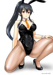 Rule 34 | 1girl, alternate costume, animal ears, black footwear, black hair, black leotard, breasts, brown pantyhose, commentary request, covered navel, detached collar, high heels, kantai collection, kudou (ooabareteng), leotard, long hair, medium breasts, necktie, one-hour drawing challenge, orange necktie, pantyhose, playboy bunny, ponytail, rabbit ears, red eyes, sidelocks, simple background, solo, strapless, strapless leotard, white background, wrist cuffs, yahagi (kancolle)