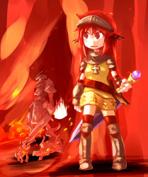 Rule 34 | 1girl, armor, armored boots, black wings, boots, brown socks, chainmail, commentary request, cross, cross necklace, demon wings, fire, full body, head wings, highres, holding, holding sword, holding weapon, imp (ragnarok online), in-universe location, jewelry, kneehighs, knight (ragnarok online), long hair, looking to the side, monster, necklace, nervous, open mouth, pauldrons, pekomaru, ragnarok online, salamander (ragnarok online), shoulder armor, socks, standing, sword, sword guardian (ragnarok online), vambraces, weapon, wings