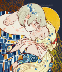 2girls arm_around_shoulder babu_(babushkahihi) bare_shoulders blonde_hair blue_dress bow braid closed_eyes dress dungeon_meshi elf falin_touden fine_art_parody gustav_klimt_(style) hair_bow hashtag-only_commentary head_tilt highres kiss kissing_cheek light_blush long_hair marcille_donato medium_hair multiple_girls parody pointy_ears red_bow smile the_kiss twitter_username upper_body yuri