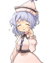 Rule 34 | 1girl, blue hair, blush, commentary request, closed eyes, fingernails, flying sweatdrops, hand on own face, hand up, jacket, long sleeves, looking at viewer, merlin prismriver, nervous smile, parted lips, pink vest, sasa kichi, short hair, simple background, smile, solo, touhou, upper body, vest, white background, wing collar