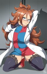 Rule 34 | 1girl, android 21, dragon ball, dragon ball fighterz, exlic, glasses, highres, long hair, messy hair